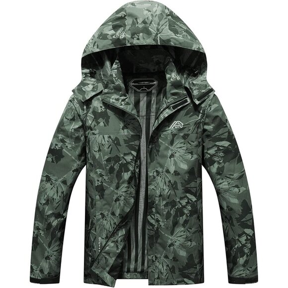Mens Army Green Lightweight Waterproof Hooded Rain Jacket Outdoor Hiking Shell